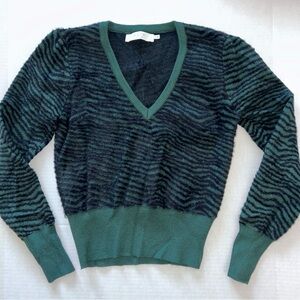 Astr Zebra Striped Fuzzy Green and Black V-Neck Sweater